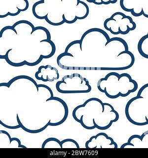 Clouds seamless pattern. Hand drawn clouds endless background. Clouds sketch drawing texture. Cartoon style doodle clouds pattern. Stock Vector
