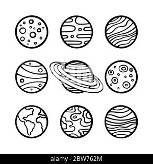 Planets and stars. Hand drawn planets and different shape stars vector illustration set. Planets sketch drawing. Doodle planets and stars. Part of set Stock Vector