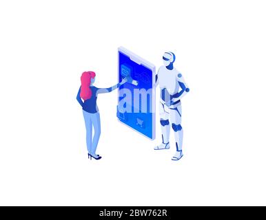 Analysis online business using artificial intelligence isometric concept.. Online management technology analytical. Stock Vector