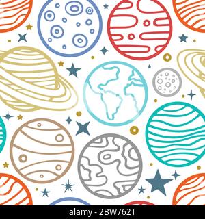 Solar system planets and stars seamless pattern. Hand drawn planets endless texture. Planets sketch drawing background. Doodle planets. Part of set. Stock Vector