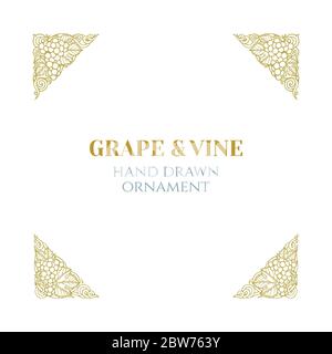 Grape and vine frame.  Hand drawn grape bunch engraving style frame. Bunch of grapes sketch drawing corner ornaments. Part of set. Stock Vector