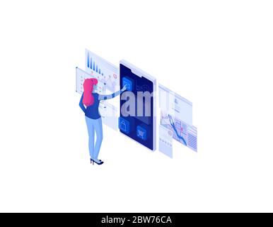 Web analytics isometric concept. Online technology analytical strategy, development of diagrams. Stock Vector