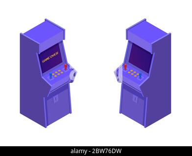 Isometric arcade game machines. Retro purple consoles with two joysticks and control buttons. Stock Vector