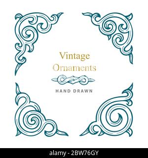 Vintage ornaments set. Hand drawn engraved style vector corner ornament, divide and decorative elements. Part of set. Stock Vector