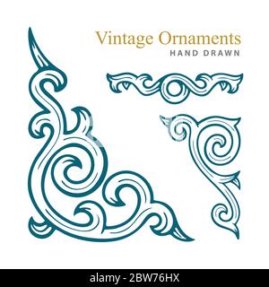 Vintage ornaments set. Hand drawn engraved style vector corner ornament, divide and decorative elements. Part of set. Stock Vector