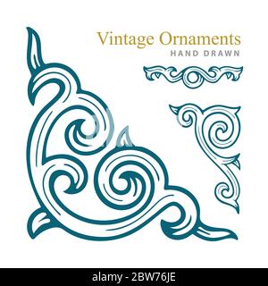 Vintage ornaments set. Hand drawn engraved style vector corner ornament, divide and decorative elements. Part of set. Stock Vector