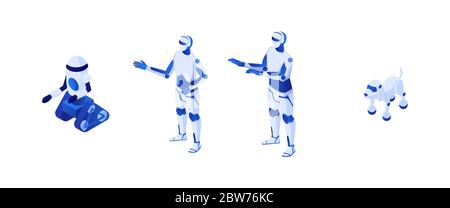 Technological robots future isometry. Robotic illustration humanoid white cyborg on caterpillar chassis robopes. Stock Vector