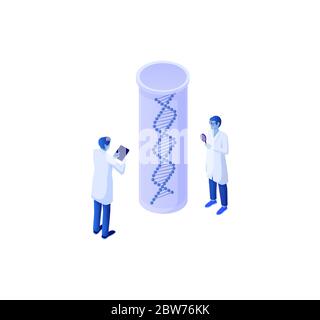 Biotechnology genetic analysis isometric data. Collection study genetic data biochemical experiment. Stock Vector