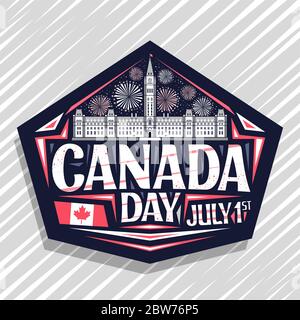 Vector logo for Canada Day, dark decorative stamp with illustration of Parliament Hill in Ottawa and Canadian flag, unique letters for words canada da Stock Vector