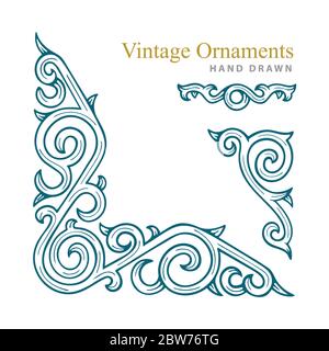 Vintage ornaments set. Hand drawn engraved style vector corner ornament, divide and decorative elements. Part of set. Stock Vector