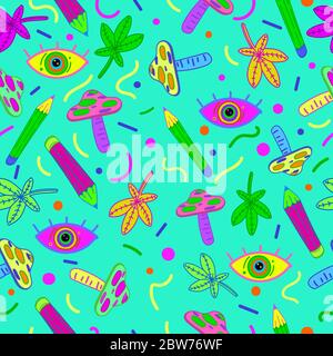 Psychedelic background pattern. Seamless hallucinogenic pattern with colorful eyes mushrooms pencils. Stock Vector