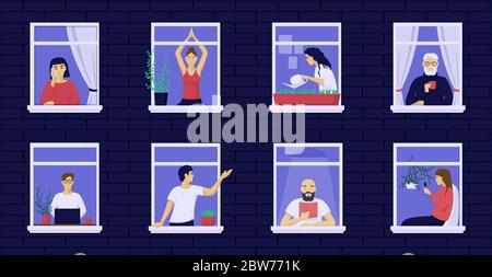 Stay home people self solation . People life in quarantine open windows. Stock Vector