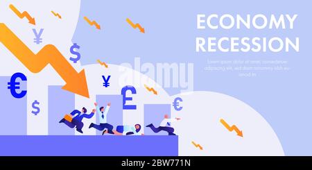 Concept economy recession vector illustration with businessman and businesswoman run away from downward graph to the edge of the cliff. Stock Vector