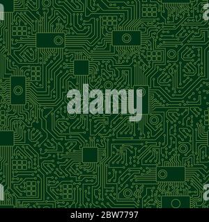 Computer board chip green pattern. Modern motherboard with seamless green pattern abstract. Stock Vector
