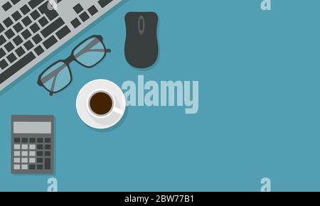 Flat design illustration of office desk board with computer keyboard, calculator and glasses. Cup of coffee with mouse on green-blue background with s Stock Vector