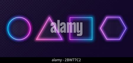 Neon geometric frames. Multicolor modern luminous circle frame red triangle energy square polygon. Stock Vector