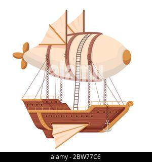 Flying ship airship. Futuristic ship with wings and balloon in technopunk style. Stock Vector