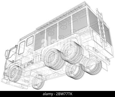 Vector Wire-frame isolated Fire truck on background. Vector rendering of 3d. Stock Vector