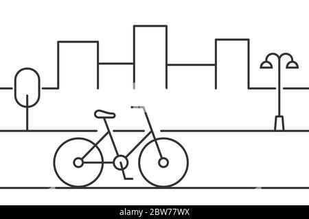 Bicycle in the street with cityscape, lamppost and tree. Thin line icon. Urban transportation concept. City bike for rental tours. Black outline Stock Vector
