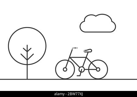 Bicycle in park with tree and cloud. Cute bike line icon. Outdoor activity concept. Fitness in nature. UI, UX design elements. Black outline on white Stock Vector