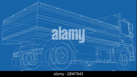 Flatbed truck vector illustration. Wire-frame line isolated. Vector rendering of 3d. Stock Vector