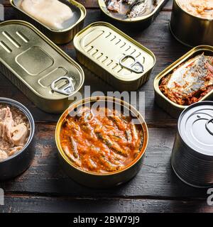 Conserves of canned fish with different types of seafood, opened and closed cans with Saury, mackerel, sprats, sardines, pilchard, squid, tuna, over d Stock Photo