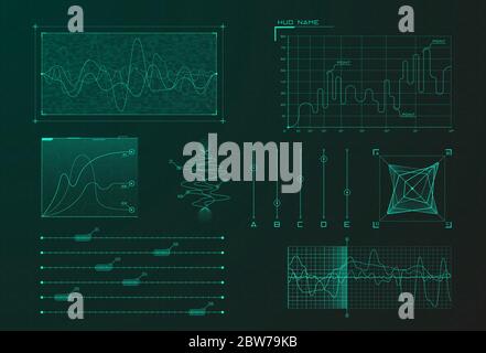 Set of HUD infographic elements. Sci-fi charts and diagrams for futuristic user interface HUD, UI, GUI. Big data analytics theme. Virtual green Stock Vector