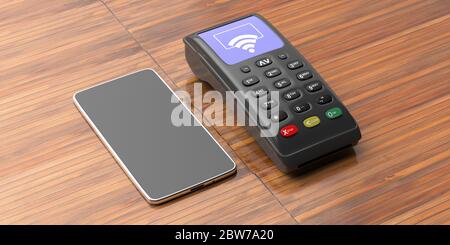 NFC mobile cashless payments. POS terminal, payment device and mobile smart phone isolated on wooden background. 3d illustration Stock Photo