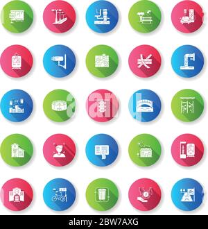 Urban infrastructure flat design long shadow glyph icons set Stock Vector