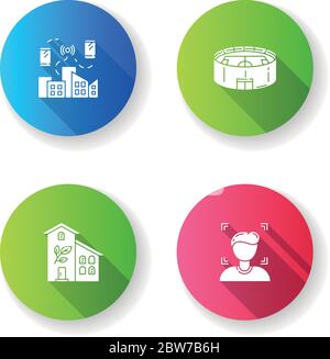 City buildings flat design long shadow glyph icons set Stock Vector