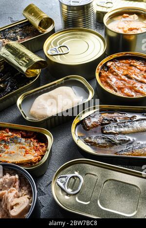 Conserves of canned fish with different types of fish and seafood, opened and closed cans with Saury, mackerel, sprats, sardines, pilchard, squid, tun Stock Photo