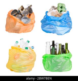 Samples of garbage in plastic bags isolated on white background Stock Photo