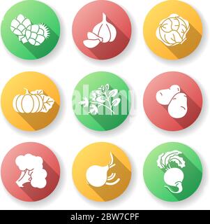 Vegetarian food flat design long shadow glyph icons set Stock Vector