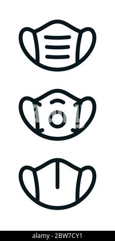 Medical mask outline symbols on white background. Flat vector icons. Stock Vector