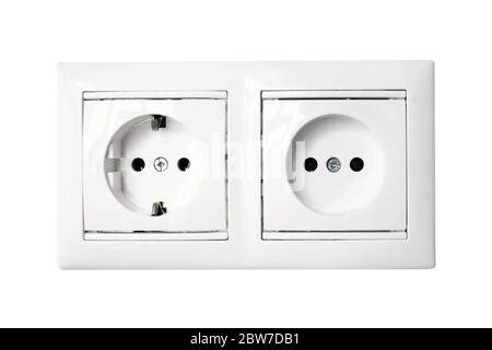 White european double electrical outlet on a White background, isolate. Concept electricity and minimalism Stock Photo