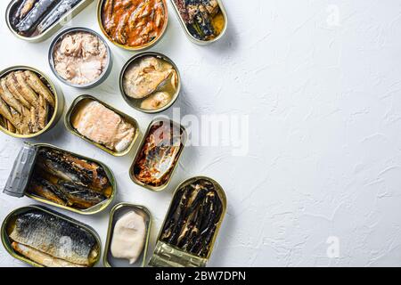 Opened preserve cans with Saury, mackerel, sprats, sardines, pilchard, squid, tuna over white textured stone table flat lay overhead view space for te Stock Photo