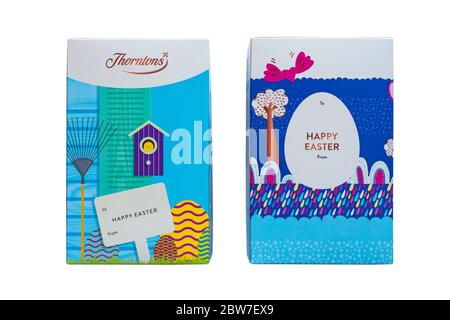 Thorntons Happy Easter - Thorntons milk chocolate Unicorn Easter Egg & Thorntons white chocolate Bunny Egg boxes Stock Photo