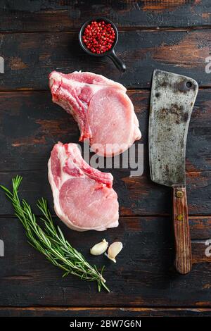 Raw pork cutlet. Organic meat steak. White background. Top view Stock ...