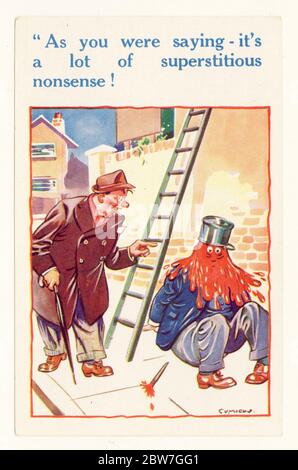 1940's comic cartoon postcard of man with a paint pot on his head after walking under a ladder, by the artist Comicus, U.K. Stock Photo