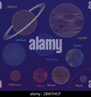 Line art solar system planets set. Cosmic linear set with Pluto separated. Stock Vector