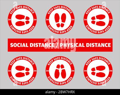 Set of 6 Social Distancing or Safe Distancing Floor Sticker for stores and supermarkets to help reduce the spread of covid-19 coronavirus. Stock Vector