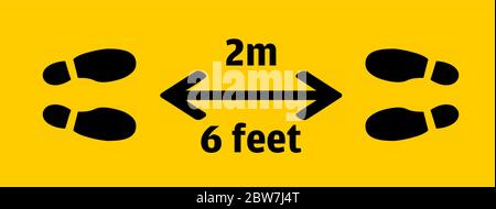 Feet at 2 meters or 6 feet apart isolated on a yellow background. Social Distancing Concept vector illustration. Stock Vector