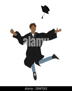 Young graduate student in graduation gown jumping and throwing the mortarboard high into the air. Flat vector illustration Stock Vector