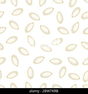 Seamless pattern with pumpkin seeds on a white background. Squash whole yellow pumpkin seeds in cartoon style for packaging. Stock vector illustration Stock Vector