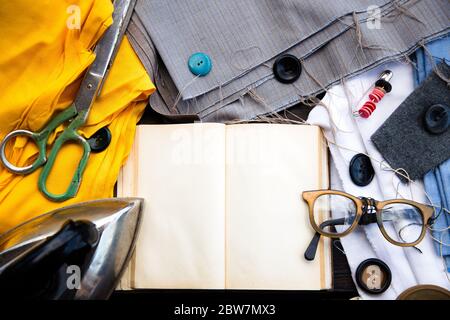 Creative sewing vintage old supplies on yellow cloth Stock Photo