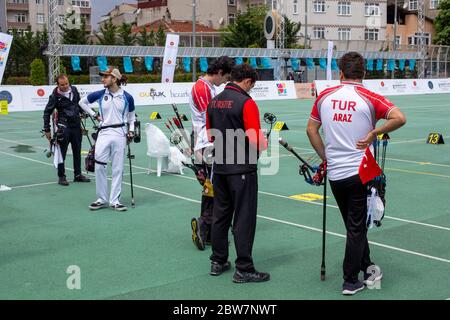 The annual invitational archery event Conquest Cup was held in Istanbul's large archery facility Archers’ Foundation on 28th and 29th of May, 2020. Stock Photo