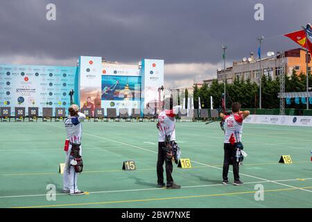 The annual invitational archery event Conquest Cup was held in Istanbul's large archery facility Archers’ Foundation on 28th and 29th of May, 2020. Stock Photo