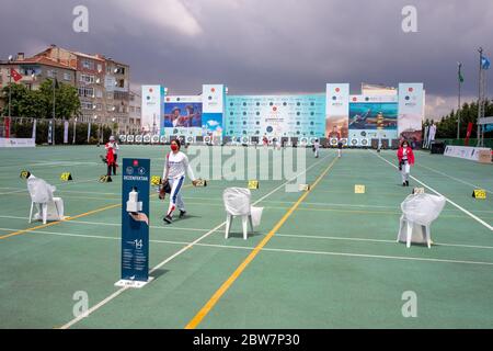 The annual invitational archery event Conquest Cup was held in Istanbul's large archery facility Archers’ Foundation on 28th and 29th of May, 2020. Stock Photo