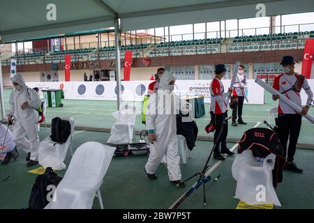 The annual invitational archery event Conquest Cup was held in Istanbul's large archery facility Archers’ Foundation on 28th and 29th of May, 2020. Stock Photo