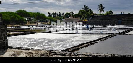 TAMARIN/MAURITIUS - AUGUST 24, 2018: Tamarin Salt Pans is a popular tourist attraction with the square brick clay basins.This place produces artisan s Stock Photo